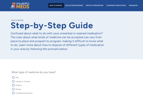 Screenshot of Step-by-step guide on UnwantedMeds.org, the screen shows a multiple choice question asking for the type of medicine in question.